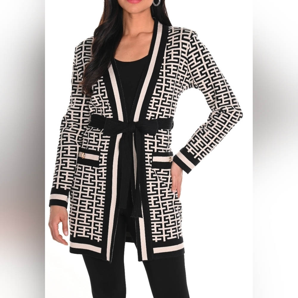 Chic Geometric Greek Key Design Knit Tie Wait Cardigan- Black/Beige, SMALL NWOT